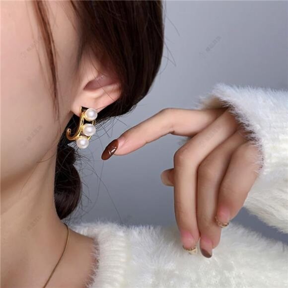 14K Gold-Plated Triple Pearl Drop Earrings – Elegant, Hypoallergenic - Picture 2 of 4